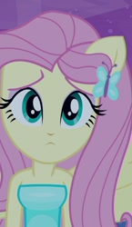 Size: 386x667 | Tagged: safe, screencap, fluttershy, equestria girls, equestria girls (movie), cropped, cute, fall formal outfits, looking at you, ponied up, pony ears, solo, wings