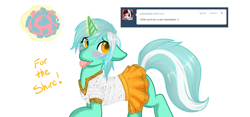 Size: 1280x597 | Tagged: safe, artist:azure-doodle, lyra heartstrings, pony, unicorn, ask, blushing, cheerleader, clothes, dialogue, female, glowing horn, magic, mare, sexually confused lyra, simple background, solo, telekinesis, tongue out, tumblr, white background