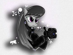 Size: 1600x1200 | Tagged: safe, artist:franticlava, octavia melody, earth pony, pony, crossover, gantz, gray background, simple background, solo, weapon