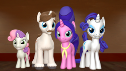 Size: 1920x1080 | Tagged: safe, artist:fullmoonrose7, cookie crumbles, hondo flanks, rarity, sweetie belle, pony, unicorn, 3d, family