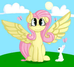 Size: 890x800 | Tagged: safe, artist:bloody--baliey, fluttershy, butterfly, pegasus, pony, rabbit, looking at you, sitting, smiling, solo, spread wings