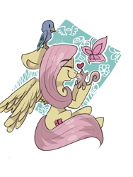 Size: 600x800 | Tagged: safe, artist:lilacpetalloafsart, fluttershy, bird, butterfly, pegasus, pony, squirrel, big ears, eyes closed, heart, holding, hoof hold, nuzzling, profile, sitting, smiling, solo, spread wings