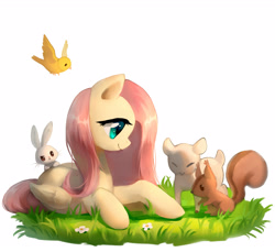 Size: 2900x2654 | Tagged: safe, artist:r-1629, angel bunny, fluttershy, bird, lamb, pegasus, pony, rabbit, sheep, squirrel, animal, female, flower, folded wings, grass, looking at something, mare, profile, prone, smiling