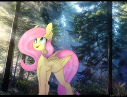 Size: 1300x1000 | Tagged: artist needed, safe, fluttershy, crepuscular rays, forest, irl, looking up, my little brony risovach, nature, open mouth, photo, ponies in real life, solo, spread wings, tree