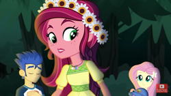 Size: 854x480 | Tagged: safe, screencap, flash sentry, fluttershy, gloriosa daisy, spike, spike the regular dog, dog, equestria girls, legend of everfree, eyes closed, looking down