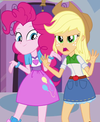 Size: 550x670 | Tagged: safe, screencap, applejack, pinkie pie, equestria girls, cropped