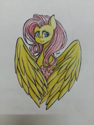 Size: 720x960 | Tagged: safe, artist:minatosui, fluttershy, pegasus, pony, bust, flower, looking away, looking sideways, portrait, simple background, smiling, solo, spread wings, traditional art