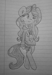 Size: 805x1158 | Tagged: safe, artist:mistytails10, fluttershy, pegasus, pony, bipedal, bottomless, clothes, hoodie, lined paper, looking away, monochrome, partial nudity, smiling, solo, sweater, sweatershy, traditional art