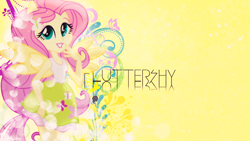Size: 1920x1080 | Tagged: safe, artist:illumnious, fluttershy, equestria girls, clothes, hairpin, lipstick, ponied up, skirt, smiling, solo, tanktop, wallpaper, wings