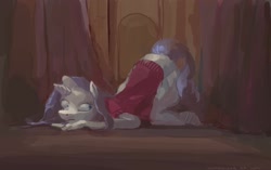 Size: 1600x1007 | Tagged: safe, artist:bloodrizer, rarity, pony, unicorn, anisocoria, awkward pose, clothes, existential crisis, face down ass up, prone, relaxing, sweater