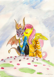 Size: 2431x3462 | Tagged: safe, artist:souleatersaku90, fluttershy, dragon, pegasus, pony, beauty and the beast, blushing, clothes, crack shipping, crossover, crossover shipping, dress, eyes closed, female, flutterspyro, kiss on the cheek, kissing, male, mare, raised hoof, shipping, spread wings, spyro the dragon, straight, traditional art, watercolor painting