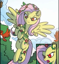 Size: 409x441 | Tagged: safe, artist:tonyfleecs, idw, fluttershy, pegasus, pony, ponies of dark water, spoiler:comic, spoiler:comic44, angry, comic, cropped, female, flying, mare, official comic, poison ivyshy, red eyes, solo, speech bubble, spread wings, vine, wings