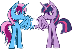 Size: 1081x743 | Tagged: safe, artist:appledash00, derpibooru import, twilight sparkle, twilight sparkle (alicorn), oc, oc:parcly taxel, alicorn, pony, alicorn oc, comparison, high wing