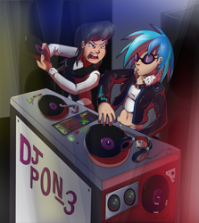 Size: 746x835 | Tagged: safe, artist:sound-resonance, dj pon-3, octavia melody, vinyl scratch, angry, female, glasses, humanized, lesbian, party, record, scratching vinyl, scratchtavia, shipping, turntable