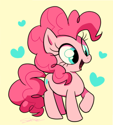 Size: 1280x1419 | Tagged: safe, artist:gekiamana, pinkie pie, earth pony, pony, cute, diapinkes, happy, heart, open mouth, simple background, smiling, solo, yellow background