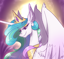 Size: 1000x936 | Tagged: safe, artist:probablyfakeblonde, princess celestia, alicorn, pony, crown, female, horn, jewelry, mare, regalia, smiling, solo, spread wings, wings