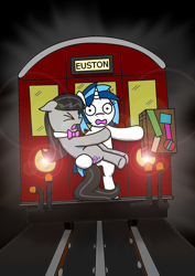 Size: 1754x2480 | Tagged: safe, artist:bobthedalek, dj pon-3, octavia melody, vinyl scratch, earth pony, pony, unicorn, duo, london, suitcase, train