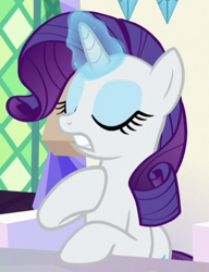 Size: 388x504 | Tagged: safe, screencap, rarity, pony, unicorn, sparkle's seven, cropped, friendship throne, glowing horn, solo