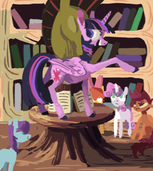 Size: 900x1003 | Tagged: safe, artist:sterfler, derpibooru import, apple bloom, scootaloo, sweetie belle, twilight sparkle, twilight sparkle (alicorn), alicorn, pony, book, cutie mark crusaders, female, library, mare, table