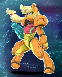 Size: 3000x3750 | Tagged: safe, artist:madacon, applejack, anthro, unguligrade anthro, applesamus, armor, bipedal, crossover, metroid, metroid prime, nintendo, samus aran, solo