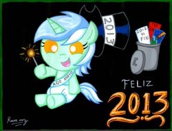 Size: 1404x1072 | Tagged: safe, artist:rammzblood, lyra heartstrings, pony, unicorn, baby, baby new year, baby pony, diaper, filly, fireworks, hat, new year, sitting, smiling, solo, spanish, sparkler (firework), this will end in death, this will end in tears, this will end in tears and/or death, top hat, trash can, younger