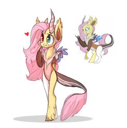 Size: 1280x1295 | Tagged: safe, artist:carnifex, artist:kapusha-blr, fluttershy, draconequus, semi-anthro, draconequified, female, flutterequus, heart, simple background, smiling, solo, species swap, white background