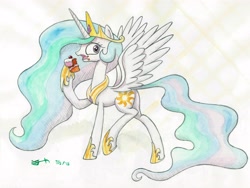 Size: 4800x3600 | Tagged: safe, artist:michiito, princess celestia, alicorn, pony, cake, cakelestia, crown, female, food, jewelry, looking at you, mare, regalia, solo, traditional art