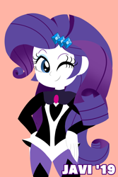 Size: 3328x4979 | Tagged: safe, artist:javilobos, rarity, human, equestria girls, clothes, cosplay, costume, crossover, cute, dc comics, dc superhero girls, female, hands on hip, one eye closed, pink background, raribetes, simple background, solo, wink, zatanna