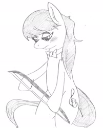 Size: 2481x3083 | Tagged: safe, artist:considerably-insane, octavia melody, earth pony, pony, bow (instrument), bowtie, monochrome, sketch, solo, traditional art