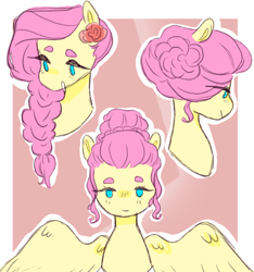 Size: 842x900 | Tagged: safe, artist:milky-rabbit, fluttershy, pegasus, pony, alternate hairstyle, bust, cute, flower, flower in hair, looking at you, looking away, no pupils, portrait, smiling, solo, spread wings