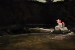 Size: 2800x1859 | Tagged: safe, artist:plotcore, pinkie pie, earth pony, pony, facing away, oil painting, painting, pond, rear view, river, rock, scenery, solo, traditional art, water