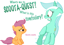 Size: 2646x1872 | Tagged: safe, artist:ajmstudios, lyra heartstrings, scootaloo, funny, scootaquest, text