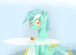 Size: 1200x884 | Tagged: safe, artist:stalemeat, lyra heartstrings, pony, unicorn, apple, apple slice, cake, colored pupils, sitting, table