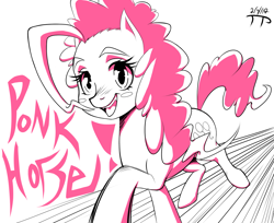 Size: 1469x1200 | Tagged: safe, artist:thethunderpony, pinkie pie, earth pony, pony, happy, monochrome, ponk, running, sketch, solo, text, windswept mane