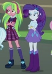 Size: 254x363 | Tagged: safe, screencap, fluttershy, lemon zest, rarity, sugarcoat, equestria girls, friendship games, bedroom eyes, boots, bracelet, clothes, crossed arms, crystal prep academy uniform, headphones, high heel boots, jewelry, school uniform, shoes, skirt, socks