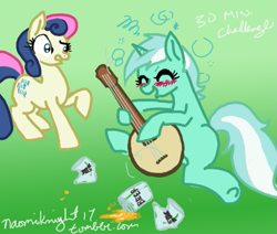 Size: 629x533 | Tagged: safe, artist:naomiknight17, bon bon, lyra heartstrings, sweetie drops, 30 minute art challenge, alcohol, banjo, beer, bon bon is not amused, drunk, duo, musical instrument