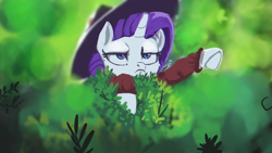 Size: 1920x1080 | Tagged: safe, artist:hierozaki, rarity, pony, unicorn, sparkle's seven, bush, bushicorn, clothes, coat, detective rarity, female, hat, lurking, mare, scene interpretation, serious, serious face, solo