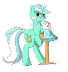 Size: 880x932 | Tagged: safe, artist:letirary, lyra heartstrings, pony, bipedal, milkshake, simple background, solo, table, transparent background