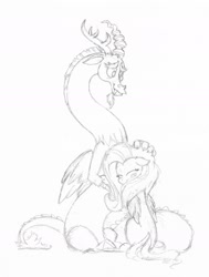 Size: 1503x1991 | Tagged: safe, artist:fluffygriffonbutt, discord, fluttershy, draconequus, pegasus, pony, clean, discoshy, female, hug, male, shipping, sketch, straight