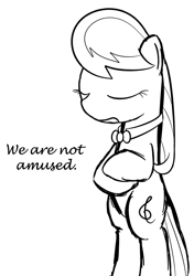 Size: 562x800 | Tagged: source needed, safe, artist:erthilo, octavia melody, earth pony, pony, ask octavia, bipedal, crossed arms, dialogue, eyes closed, female, grayscale, mare, monochrome, octavia is not amused, simple background, solo, unamused