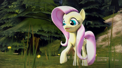 Size: 1920x1080 | Tagged: safe, artist:jojobibou, fluttershy, butterfly, pegasus, pony, 3d, raised hoof, smiling, solo