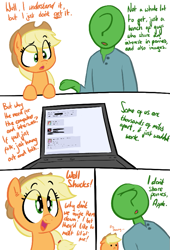 Size: 547x805 | Tagged: safe, artist:shoutingisfun, applejack, oc, oc:anon, earth pony, human, pony, 4chan, :<, clothes, comic, computer, cute, dialogue, dot eyes, ear fluff, eye clipping through hair, female, hat, human male, jackabetes, laptop computer, male, mare, meta, open mouth