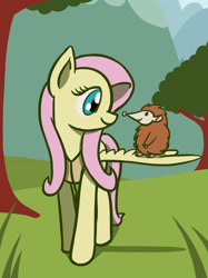 Size: 1280x1707 | Tagged: safe, artist:flutterluv, fluttershy, opossum, pegasus, pony, animal, clothes, duo, grass, looking at each other, spread wings, tree, vest