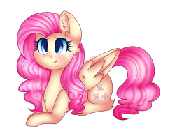 Size: 1309x1035 | Tagged: safe, artist:cloudy-risicpaint, fluttershy, pegasus, pony, alternate hairstyle, prone, solo