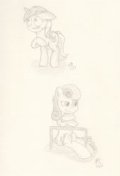 Size: 1280x1877 | Tagged: safe, artist:ramott, bon bon, lyra heartstrings, sweetie drops, earth pony, pony, unicorn, duo, monochrome, traditional art