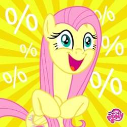 Size: 640x640 | Tagged: safe, fluttershy, pegasus, pony, excited, happy, my little pony logo, official, percent, rarity tugs her mane, solo, translated in the description, tugging