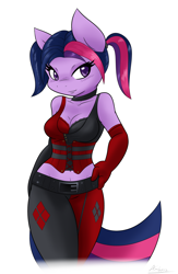 Size: 1222x1877 | Tagged: safe, artist:ambris, derpibooru import, twilight sparkle, anthro, belly button, cleavage, cosplay, female, harley quinn, midriff, missing horn, multiple variants, solo, voice actor joke