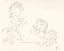 Size: 1850x1465 | Tagged: safe, artist:ramott, lyra heartstrings, sweetie belle, pony, unicorn, duo, eyes closed, lyre, monochrome, music, music notes, musical instrument, singing, sitting, smiling, traditional art