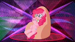 Size: 3840x2160 | Tagged: safe, artist:cyanlightning, artist:laszlvfx, derpibooru import, edit, pinkie pie, earth pony, pony, cupcake, female, food, glasses, high res, hoof hold, mare, solo, wallpaper, wallpaper edit