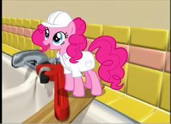 Size: 1094x796 | Tagged: safe, pinkie pie, earth pony, pony, hard hat, parody, sink, solo, veggietales, very silly songs, wrench